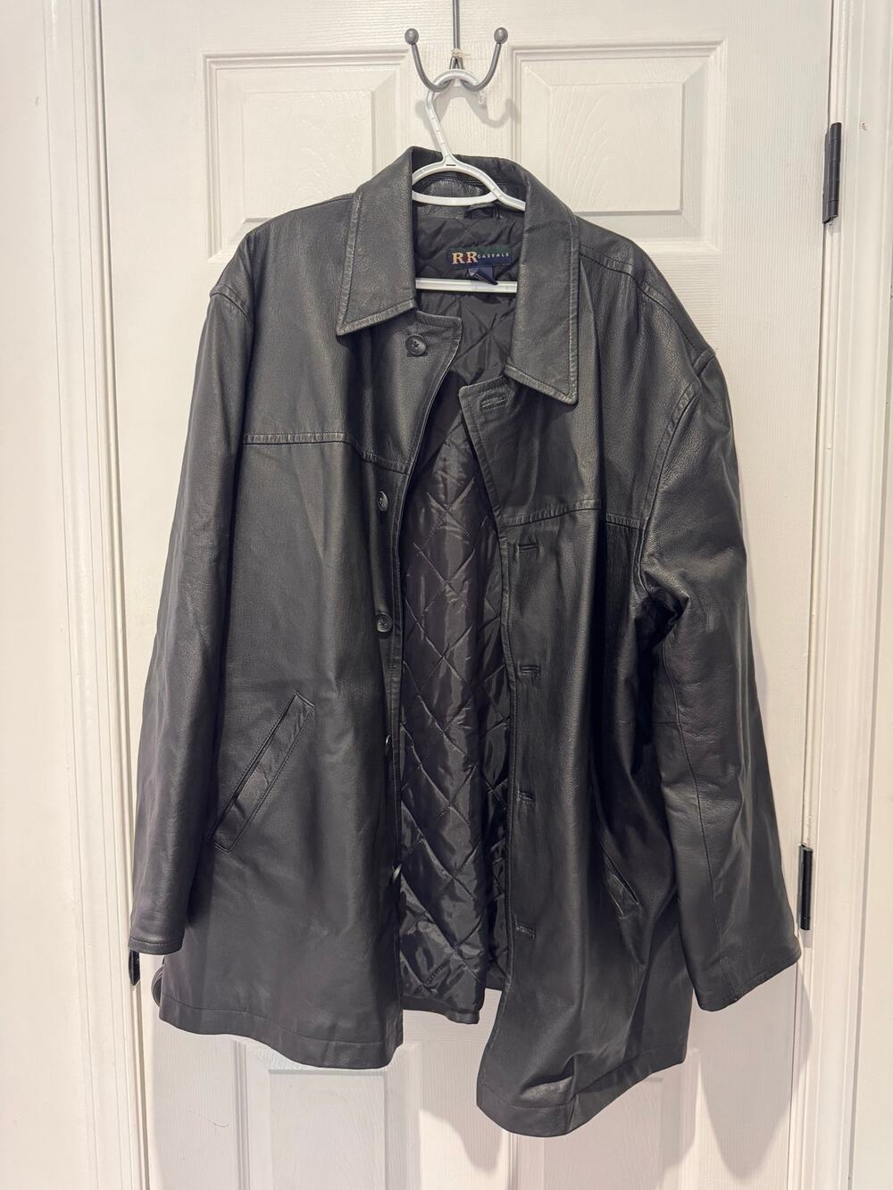 Vintage R&R Casuals Men's Black Leather Car Coat Jacket (Size Large/XL)